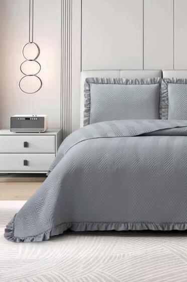 Dubai Elyaf Dolgulu Çift Kişilik 240x260 Cm Yatak Örtüsü Koyu Gri - Çeyiz Diyarı