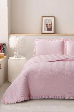 Dubai Elyaf Dolgulu Çift Kişilik 240x260 Cm Yatak Örtüsü Pudra - Çeyiz Diyarı