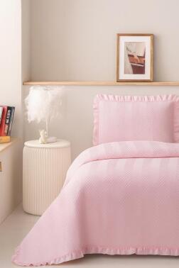 Dubai Elyaf Dolgulu Tek Kişilik 180x240 Cm Yatak Örtüsü Pudra - Çeyiz Diyarı