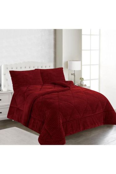 Ece Stripe Çift Kişilik Pelüş Yatak Örtüsü Bordo - Çeyiz Diyarı (1)