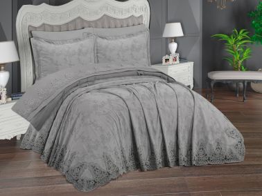 Ege 6 Parça Şönil Nakışlı Pike Takımı Gri - Çeyiz Diyarı