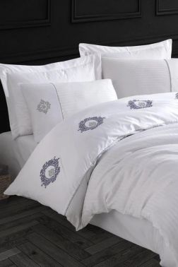 Elegant Nakışlı Pamuk Saten Çift Kişilik Nevresim Takımı Olimpos Beyaz - Hobby