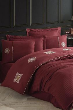 Elegant Nakışlı Pamuk Saten Çift Kişilik Nevresim Takımı Zeugma Bordo - Hobby