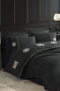 Elegant Nakışlı Pamuk Saten Çift Kişilik Nevresim Takımı Zeugma Siyah - Hobby