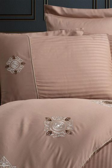 Elegant Nakışlı Pamuk Saten Çift Kişilik Nevresim Takımı Zeugma Sütlü Kahve - Hobby (1)