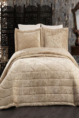 Elina Kadife Çift Kişilik Yatak Örtüsü Bej - Çeyiz Diyarı