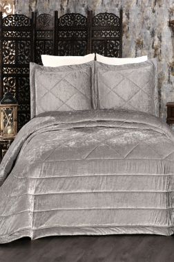 Elina Kadife Çift Kişilik Yatak Örtüsü Gri - Çeyiz Diyarı