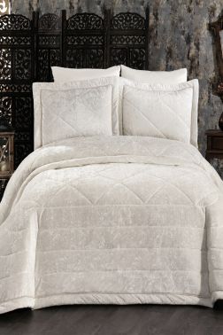 Elina Kadife Çift Kişilik Yatak Örtüsü Krem - Çeyiz Diyarı