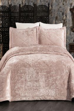 Elina Kadife Çift Kişilik Yatak Örtüsü Pudra - Çeyiz Diyarı