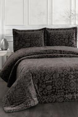 Emila Elyaf Dolgulu Çift Kişilik 250x255 Cm Yatak Örtüsü Antrasit - Çeyiz Diyarı