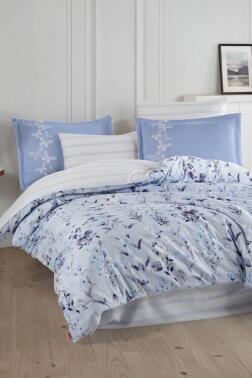Emily Pamuk Saten Çift Kişilik Nevresim Takımı Mavi - Hobby