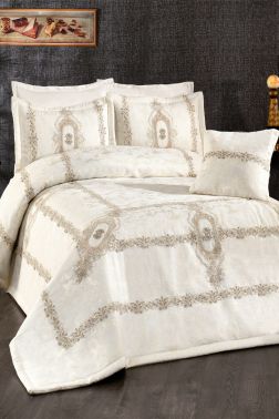 Enfal Nakışlı Kadife Çift Kişilik Yatak Örtüsü Krem - Çeyiz Diyarı