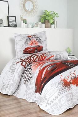 Fast Car Baskılı Kapitoneli Tek Kişilik Yatak Örtüsü Kırmızı - Çeyiz Diyarı