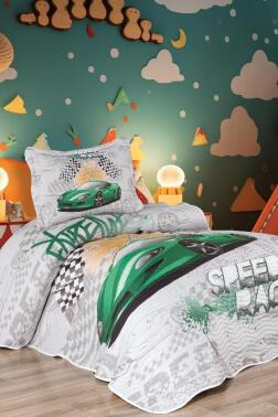 Fast Car Baskılı Kapitoneli Tek Kişilik Yatak Örtüsü Yeşil - Çeyiz Diyarı