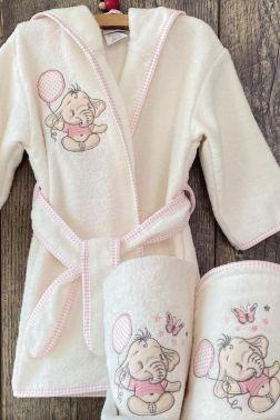 Fil Bebek Bornoz Seti 0-3 Yaş Pembe - Çeyiz Diyarı