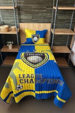 Football Tek Kişilik Kapitoneli Yatak Örtüsü Sarı Lacivert 180x240 cm - Çeyiz Diyarı