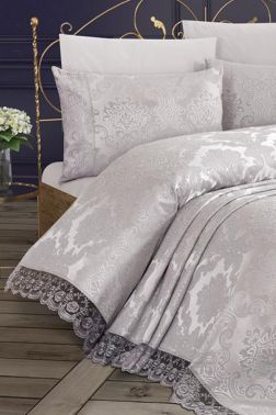 Fransız Dantelli Kure Tek Kişilik Yatak Örtüsü 2 Parça Gri - Çeyiz Diyarı