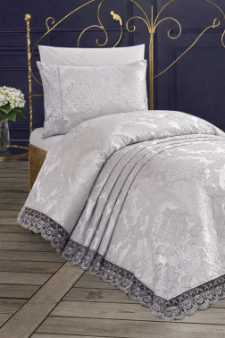 Fransız Dantelli Kure Tek Kişilik Yatak Örtüsü 2 Parça Gri - Çeyiz Diyarı