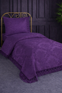 Fransız Dantelli Kure Tek Kişilik Yatak Örtüsü 2 Parça Mürdüm - Çeyiz Diyarı