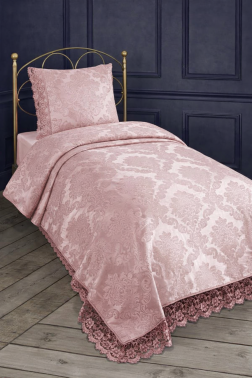 Fransız Dantelli Kure Tek Kişilik Yatak Örtüsü 2 Parça Pudra - Çeyiz Diyarı