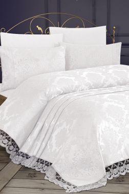 Fransız Dantelli Kure Yatak Örtüsü Krem - Çeyiz Diyarı