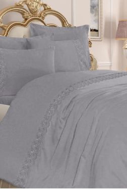 Lalezar Sade Fransız Güpürlü Nevresim Takımı Gri - Çeyiz Diyarı