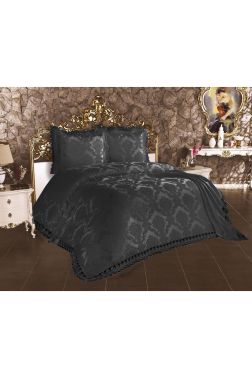 Fransız Dantelli Lalezar Yatak Örtüsü Siyah - Çeyiz Diyarı
