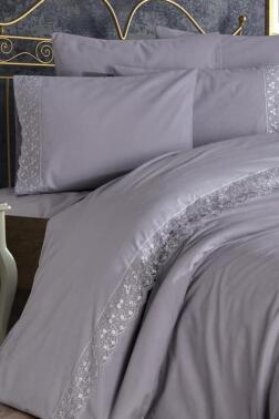 Fransız Dantelli Patya Çeyizlik Nevresim Takımı Gri - Çeyiz Diyarı