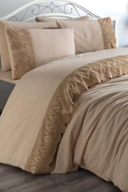 Fransız Dantelli Vase Çeyizlik Nevresim Takımı Cappucino - Çeyiz Diyarı