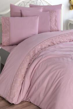 Fransız Dantelli Wave Çeyizlik Nevresim Takımı Pudra - Çeyiz Diyarı