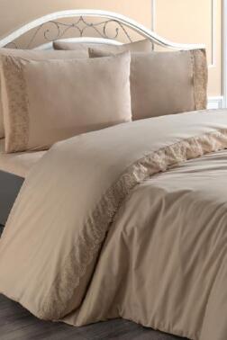 Fransız Dantelli Yonca Çeyizlik Nevresim Takımı Cappucino - Çeyiz Diyarı