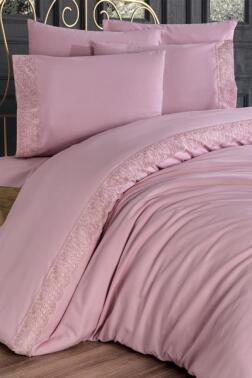 Fransız Dantelli Yonca Çeyizlik Nevresim Takımı Pudra - Çeyiz Diyarı