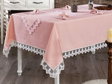 Fransız Güpürlü Funda Masa Örtüsü Takımı 26 Parça Pudra - Çeyiz Diyarı