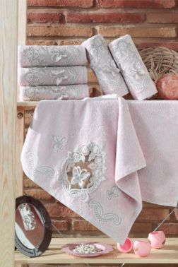 Fransız Güpürlü Kelebeğim Çeyizlik Bambu Havlu Pudra - Dantela