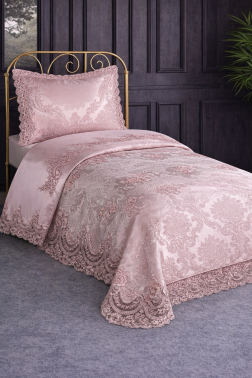 Fransız Güpürlü Tek Kişilik Eylül Pike Takımı Pudra - Çeyiz Diyarı