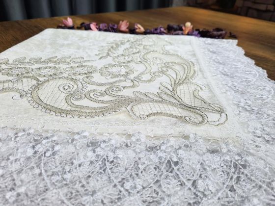Fransız Güpürlü Velvet Shine Kadife Bohça Krem - Çeyiz Diyarı (1)