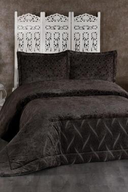Freya Elyaf Dolgulu Çift Kişilik 250x255 Cm Yatak Örtüsü Antrasit - Çeyiz Diyarı