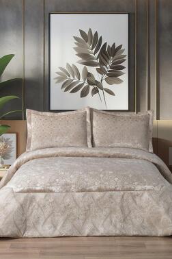 Freya Elyaf Dolgulu Çift Kişilik 250x255 Cm Yatak Örtüsü Bej - Çeyiz Diyarı