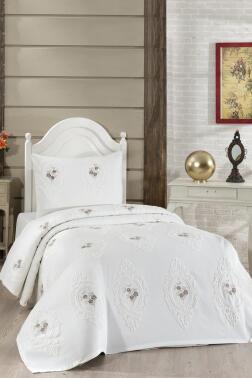 Gardenlove Nakışlı Şönil 2 Parça Tek Kişilik Yatak Örtüsü Bej - Çeyiz Diyarı