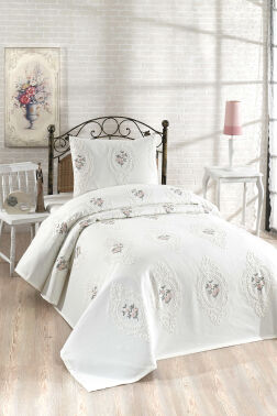 Gardenlove Nakışlı Şönil 2 Parça Tek Kişilik Yatak Örtüsü Krem - Çeyiz Diyarı