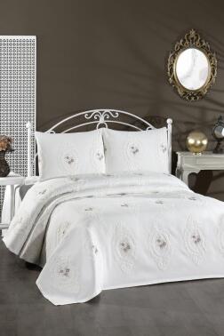 Gardenlove Nakışlı Şönil 3 Parça Çift Kişilik Yatak Örtüsü Bej - Çeyiz Diyarı