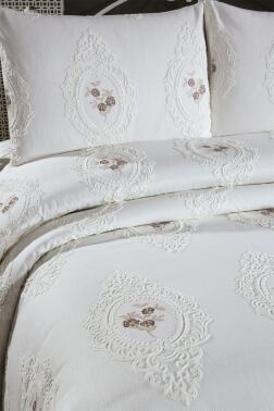 Gardenlove Nakışlı Şönil 3 Parça Çift Kişilik Yatak Örtüsü Bej - Çeyiz Diyarı (1)