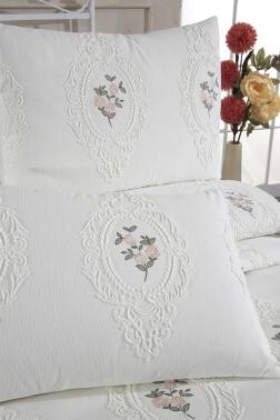 Gardenlove Nakışlı Şönil 3 Parça Çift Kişilik Yatak Örtüsü Krem - 4
