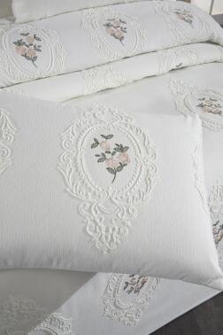 Gardenlove Nakışlı Şönil 3 Parça Çift Kişilik Yatak Örtüsü Krem - 5