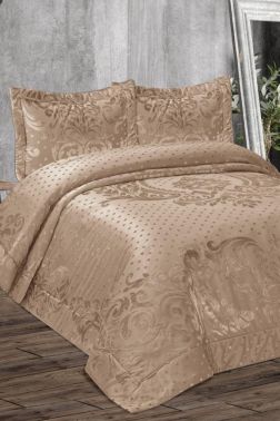 Gelin Dolgulu Kadife Çift Kişilik Yatak Örtüsü Bej - Çeyiz Diyarı