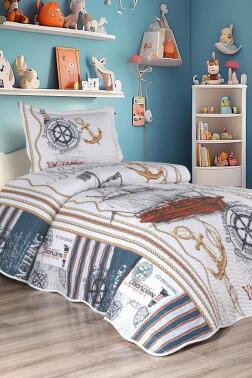 Gemici Baskılı Kapitoneli Tek Kişilik Yatak Örtüsü Mavi - Çeyiz Diyarı