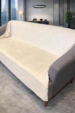 Geometrik Tavşan Tüyü Kaymaz Tabanlı Koltuk Örtüsü 170x215 Cm Krem - Çeyiz Diyarı
