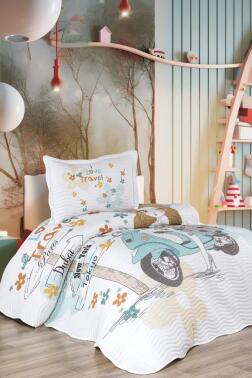 Gezgin Kız Baskılı Kapitoneli Tek Kişilik Yatak Örtüsü Mavi - Çeyiz Diyarı