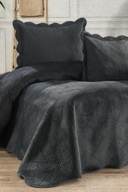 Gona Lüks Kadife Çift Kişilik Yatak Örtüsü Koyu Gri - Çeyiz Diyarı