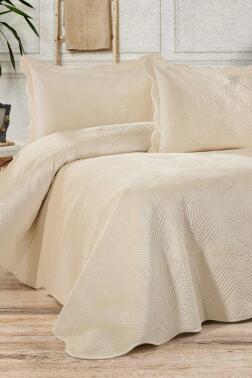 Gona Lüks Kadife Çift Kişilik Yatak Örtüsü Krem - Çeyiz Diyarı